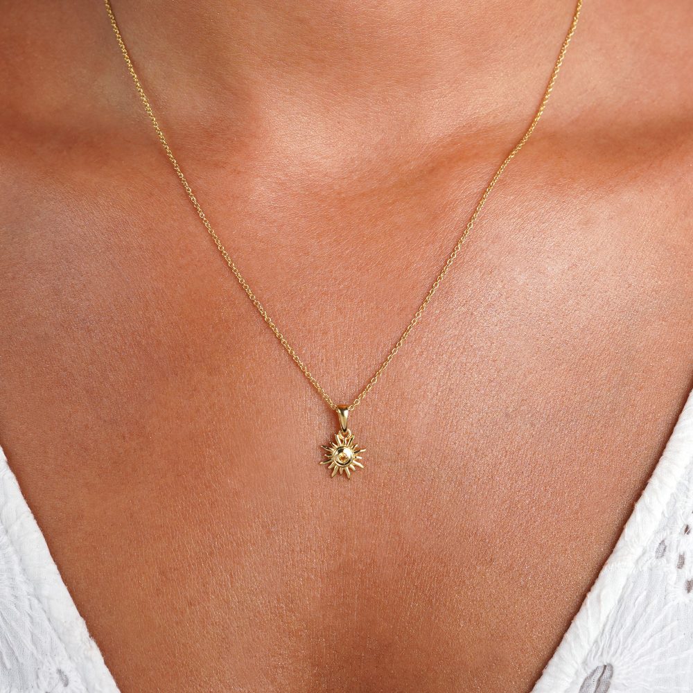 Gold necklace with sun and yellow crystal Citrine. November birthstone necklace with crystal Citrine in beautiful sun.