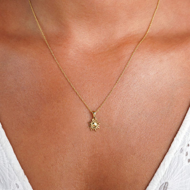 Gold necklace with sun and yellow crystal Citrine. November birthstone necklace with crystal Citrine in beautiful sun.