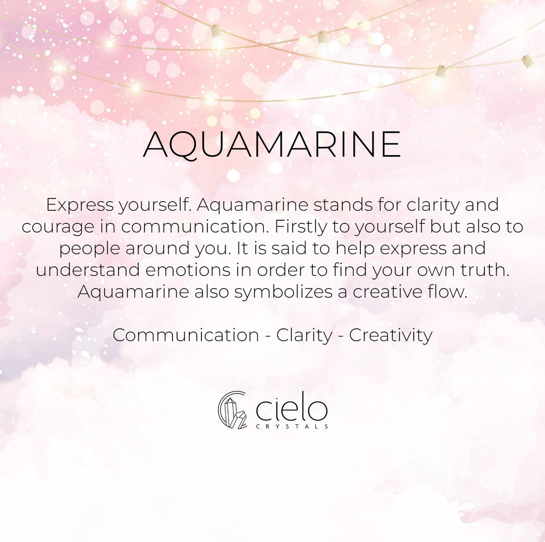 Aquamarine meaning and information card. Aquamarine is a blue crystal that stands for communication. cllarity and creativity.
