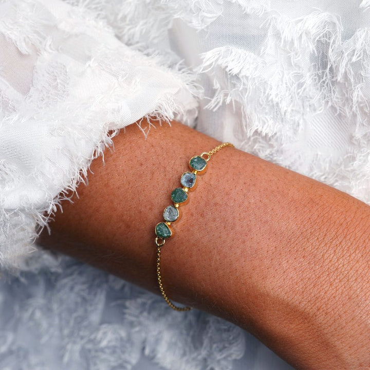 Gold bracelet with raw gemstones Aquamarine and Aventurine. Crystal bracelet with raw stones in green and blue.