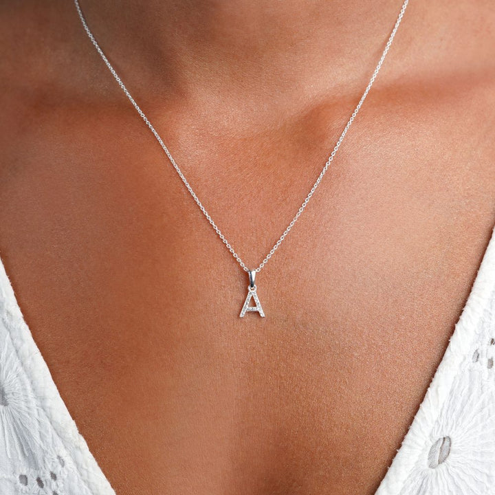 Silver necklace with letter A with real crystals. Letter necklace in silver filled with sparkly White Topaz crystals.