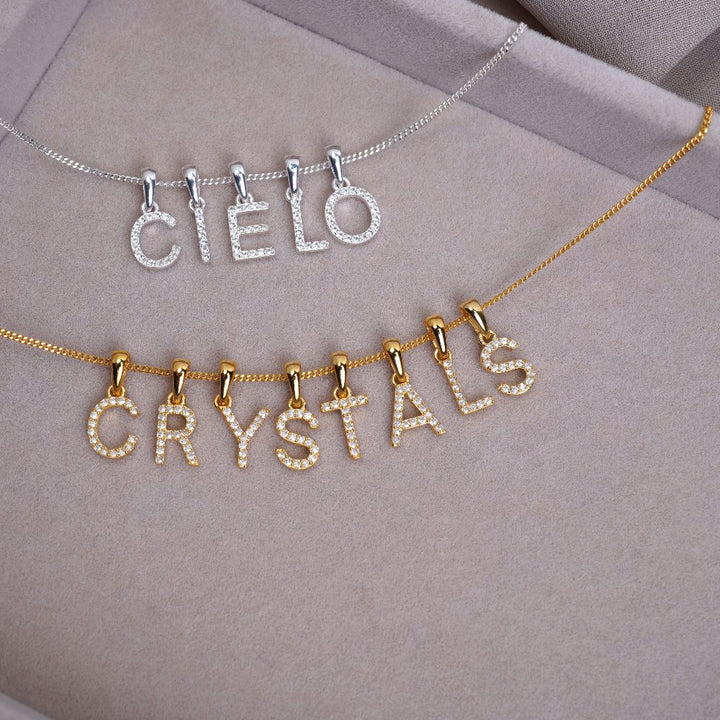 Crystal charms with letters in silver and gold. Letter jewelry collection with real  crystals.