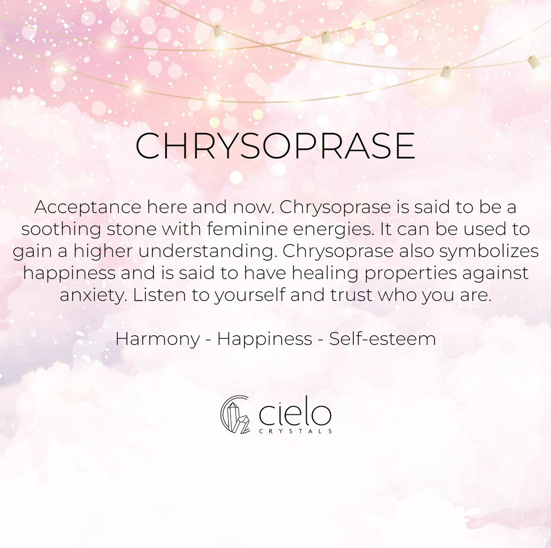 Chrysoprase meaning and information. Gemstone Chrysoprase is said to give harmony, happiness and improve your self-esteem.