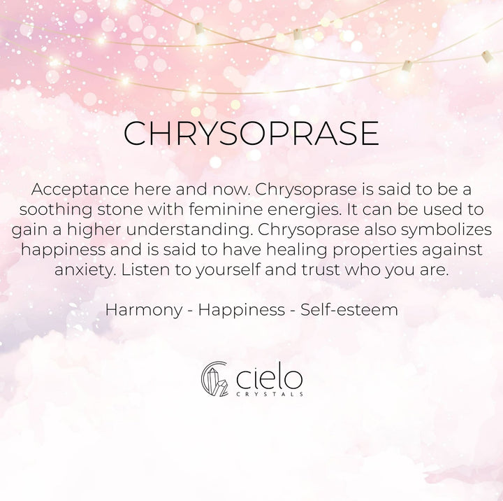 Chrysoprase meaning and information. Gemstone Chrysoprase is said to give harmony, happiness and improve your self-esteem.