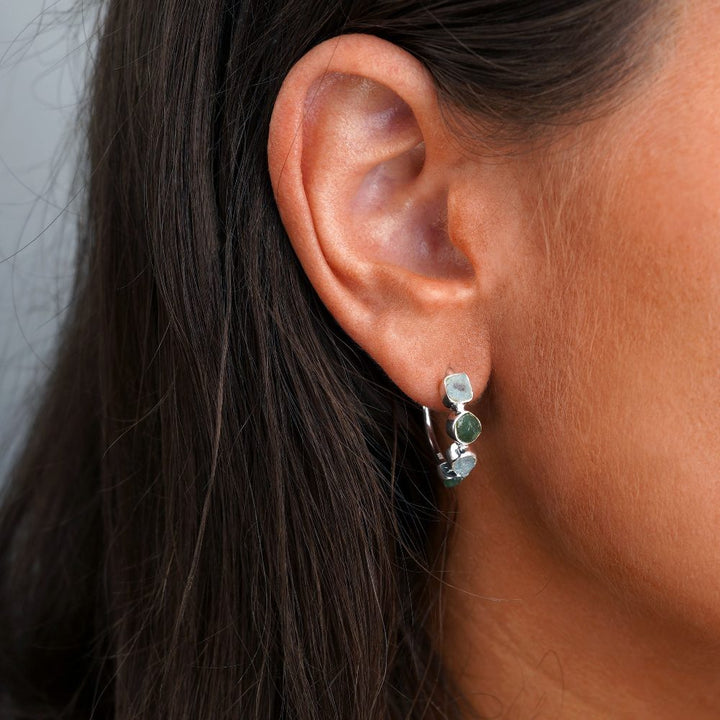 Raw gemstone earrings with blue and green crystals. Aquamarine and Aventurine earrings in silver.