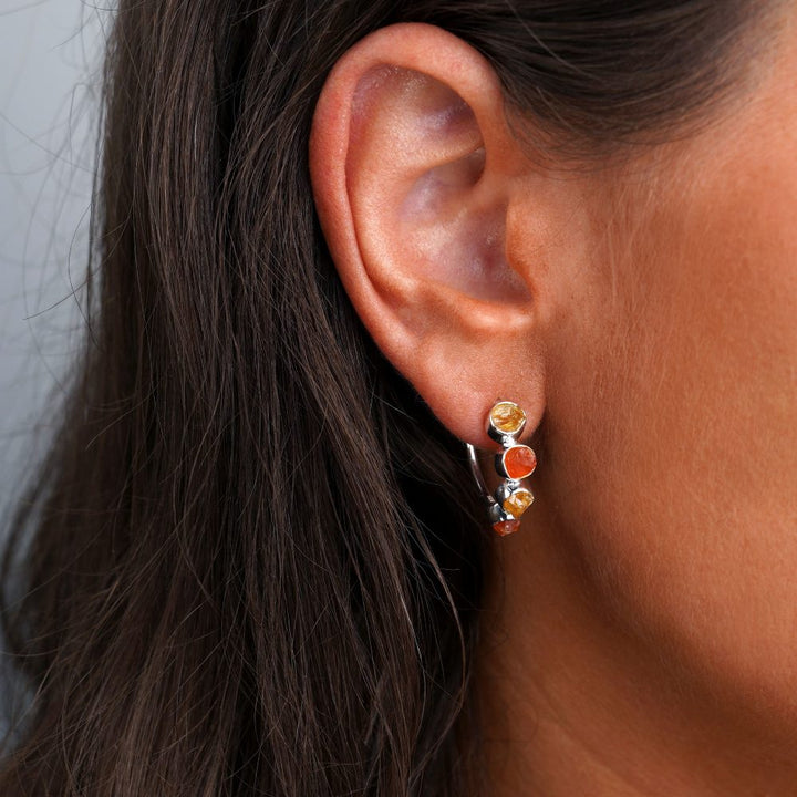 Raw crystal earrings with Carnelian and Citrine in Silver. Hoop earrings in silver with genuine raw gemstones.