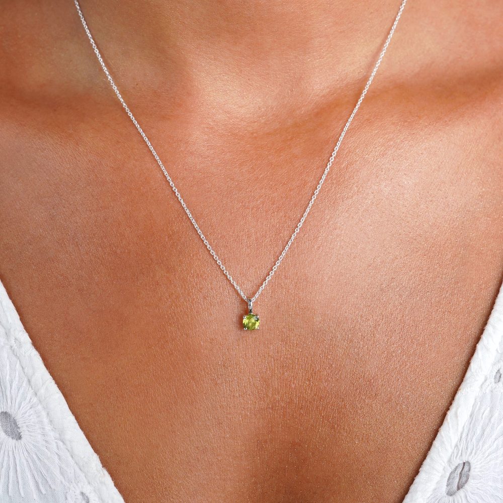 Silver necklace with green crystal Peridot. Birthstone for August Peridot necklace.