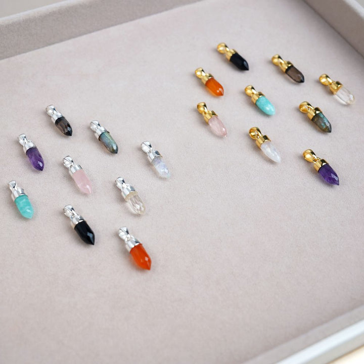 Crystal mini point charms. Colorful gemstone jewelry in silver and gold.