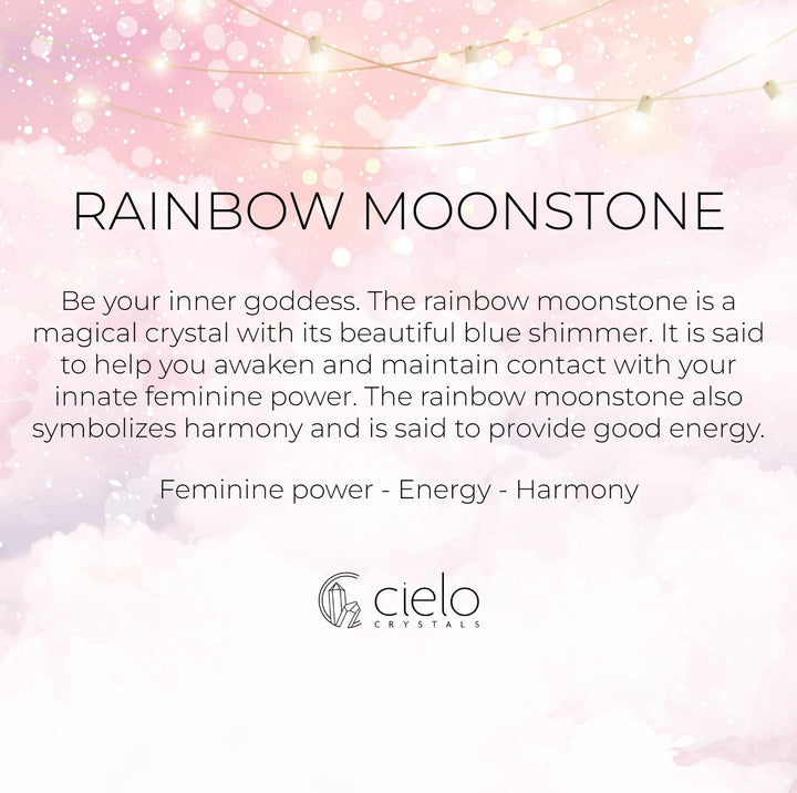 Rainbow Moonstone meaning and energies. Crystal Moonstone is said to give feminine power and healing.