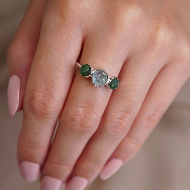Raw gemstone silver ring with green and blue crystals. Silver ring with raw Aquamarine and Aventurine crystals.