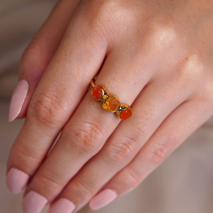 Gold ring with raw crystals Citrina and Carnelian. Raw crystal ring with genuine gemstones.