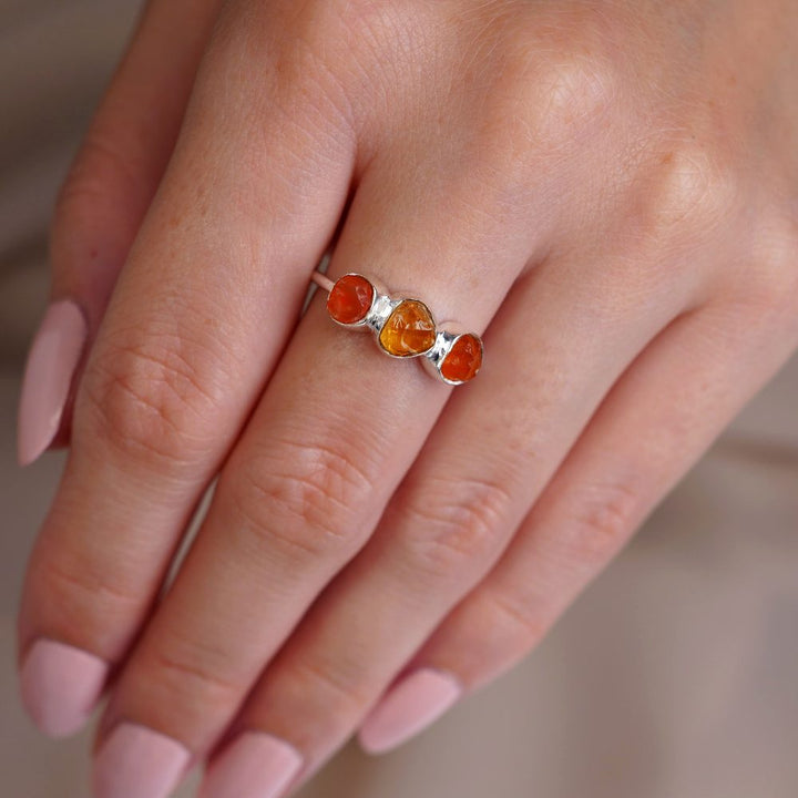 Silver ring with raw crystals Citrine and Carnelian.  Gemstone ring in silver with raw crystals of yellow Citrine and orange Carnelian.