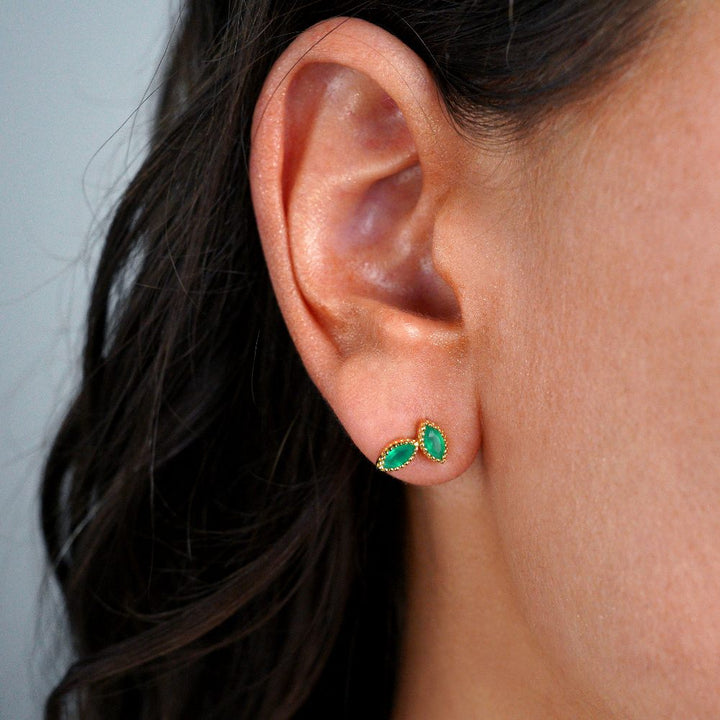 Studs Flora Two Leaves Green Onyx Gold