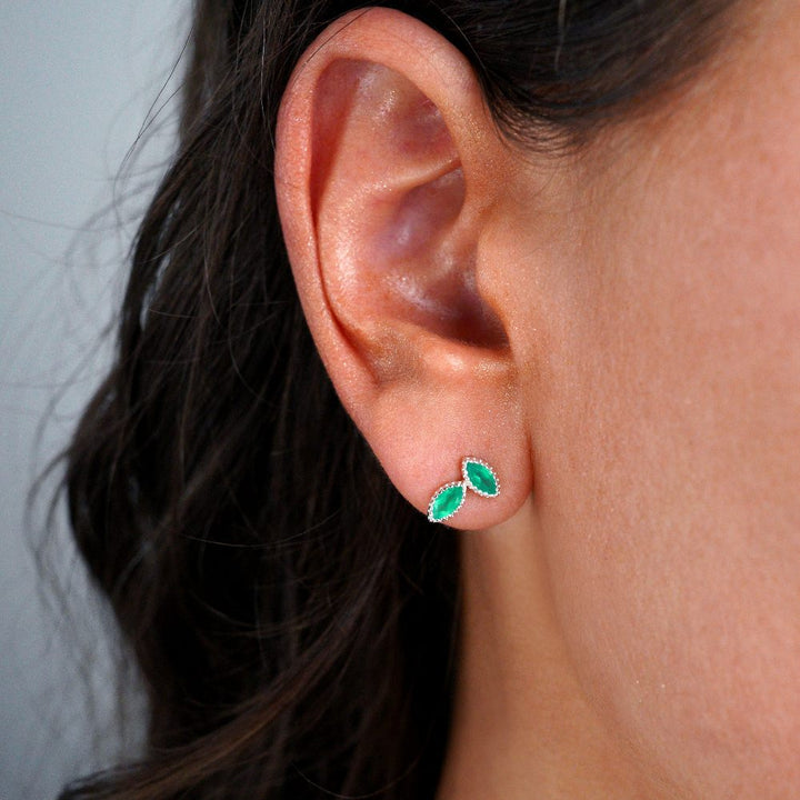 Studs Flora Two Leaves Green Onyx Silver