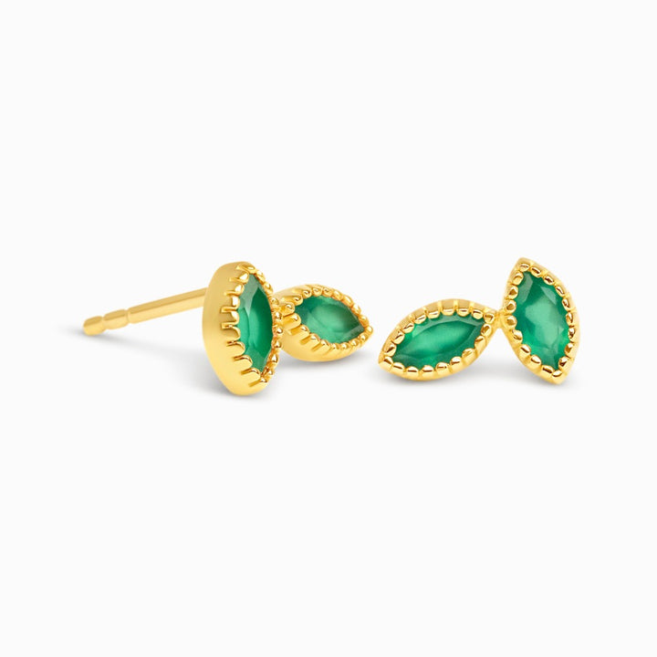 Studs Flora Two Leaves Green Onyx Gold