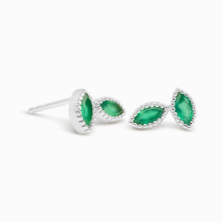 Studs Flora Two Leaves Green Onyx Silver