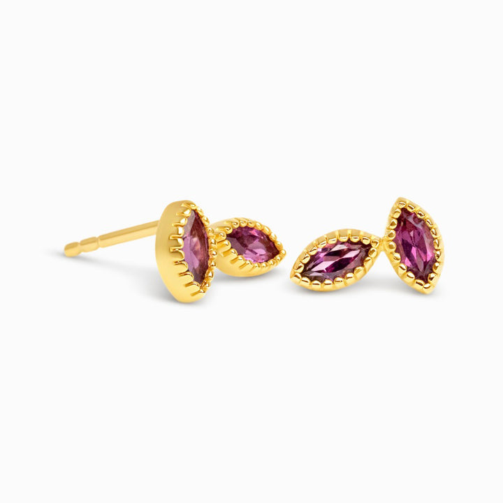 Studs Flora Two Leaves Rhodolite Gold