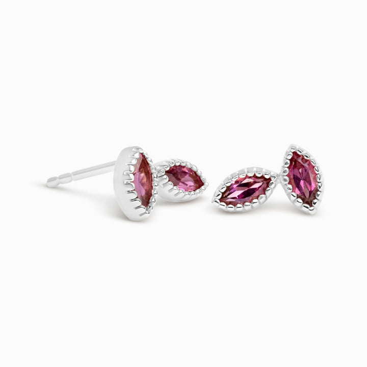 Studs Flora Two Leaves Rhodolite Silver