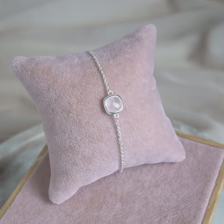 Silver bracelet with crystal Rose Quartz which is the birthstone of October. Gemstone bracelet with pink crystal Rose quartz that symbolizes love.