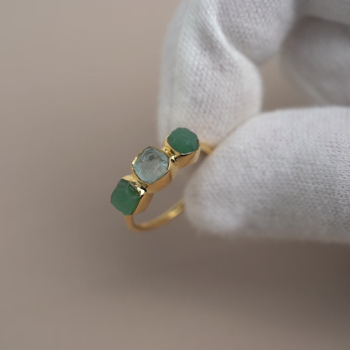 Gold ring with raw gemstones in blue and green colors.  Crystal ring with raw gemstones Aquamarine and Aventurine in gold.