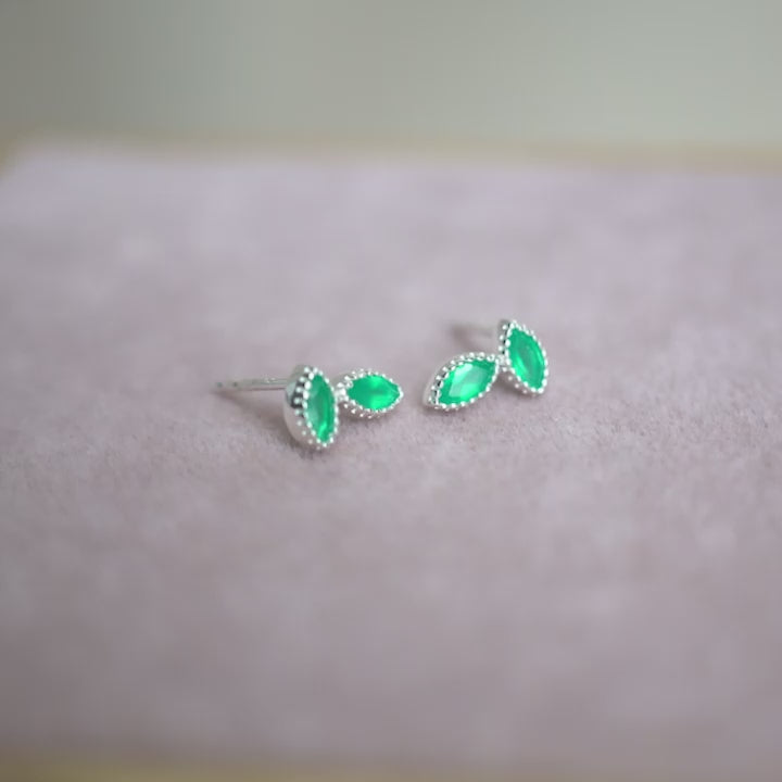 Studs Flora Two Leaves Green Onyx Silver