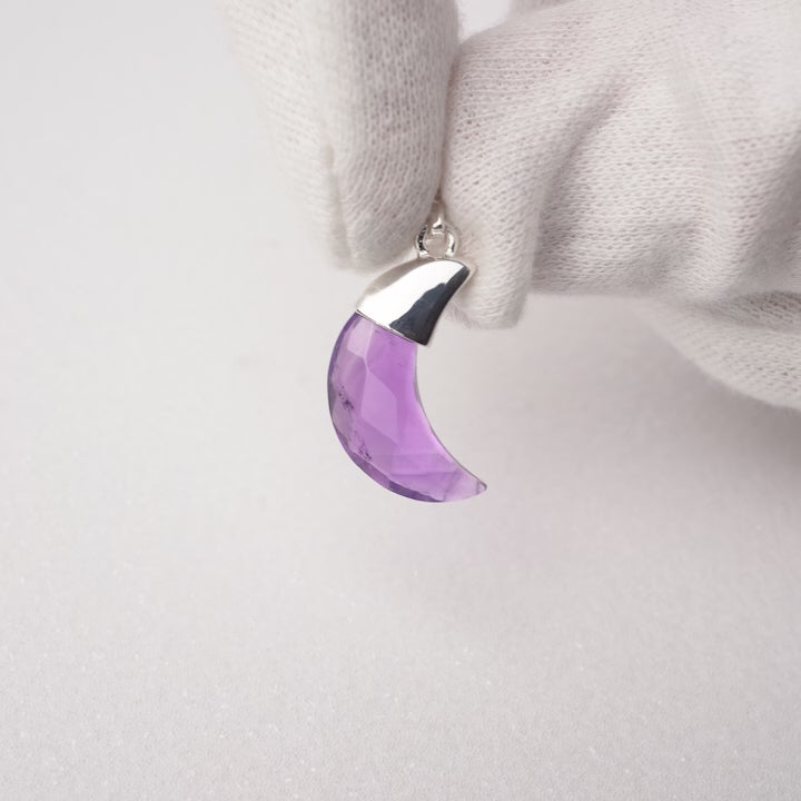 Amethyst Moon jewelry in silver. Gemstone jewelry with a moon shaped Amethyst crystal.