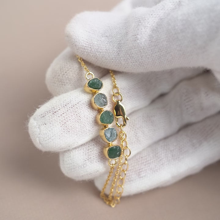 Aquamarine and Aventurine gemstone bracelet in gold. Beautiful raw crystal bracelet in green and blue.