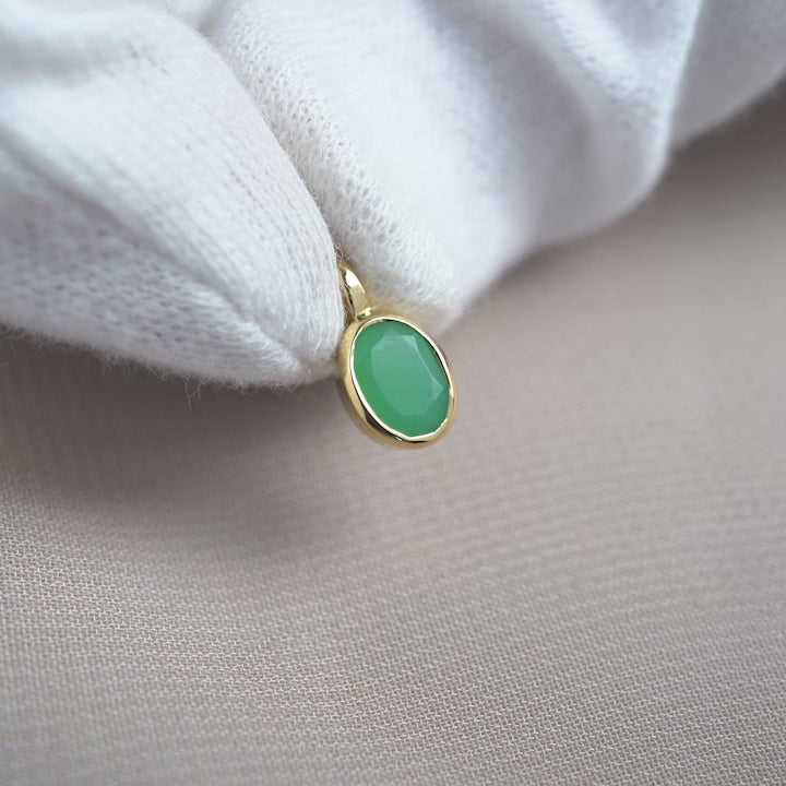 Gemstone Chrysoprase charm in gold. Green crystal Chrysoprase jewelry in gold.