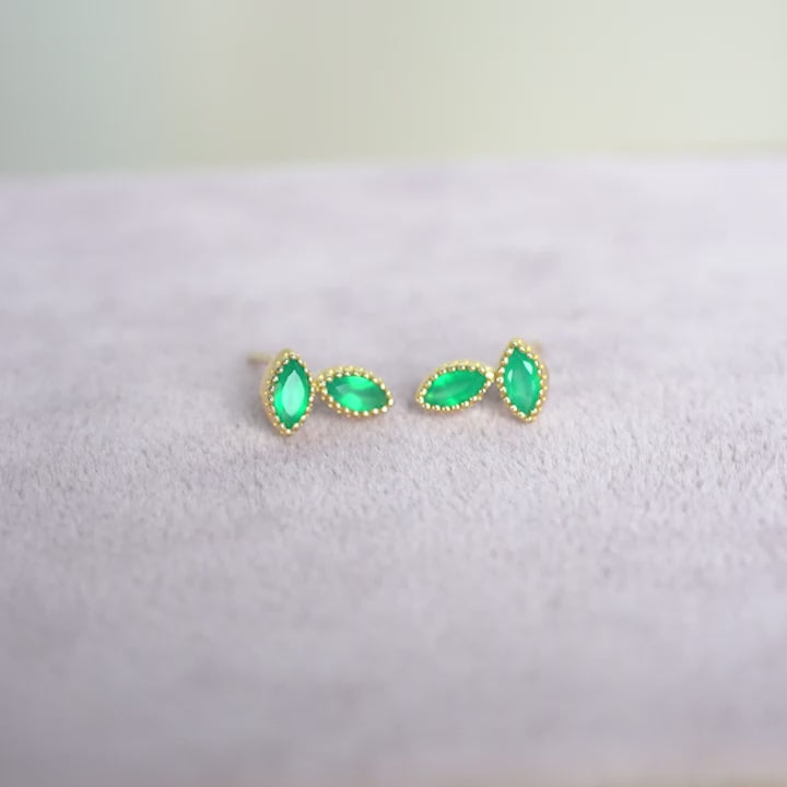 Studs Flora Two Leaves Green Onyx Gold