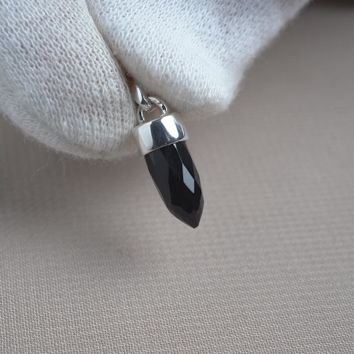 Onyx gemstone pendant in a mini point design. Gemstone Onyx mini point jewelry in silver.