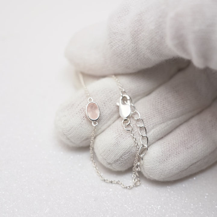 October birthstone bracelet in silver with crystal Rose Quartz. Bracelet with pink gemstone Rose quartz in silver.