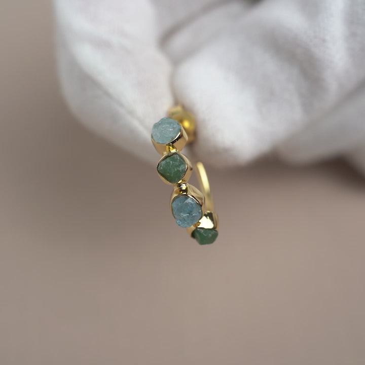 Raw crystal earrings with Aventurine and Aquamarine.  Gemstone hoop earrings with blue and green raw crystals with gold.