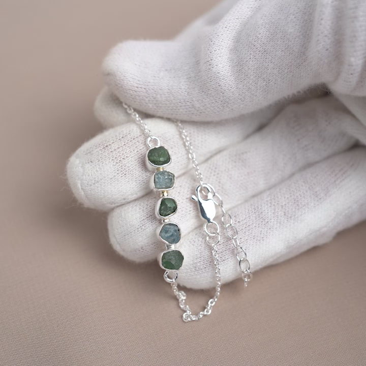 Aquamarine and Aventurine gemstone bracelet in silver. Crustal bracelet with raw green and blue crystals in sterling silver.
