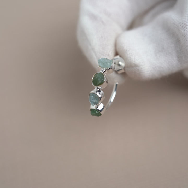 Silver earrings with raw gemstones in blue and green. Gemstone earrings with Aquamarine and Aventurine.