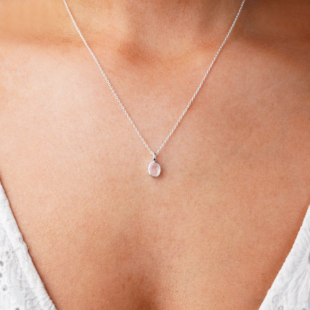 Necklace with Rose Quartz that stands for love and harmony. Jewelry with pink Rose quartz in silver which is the birthstone of October.
