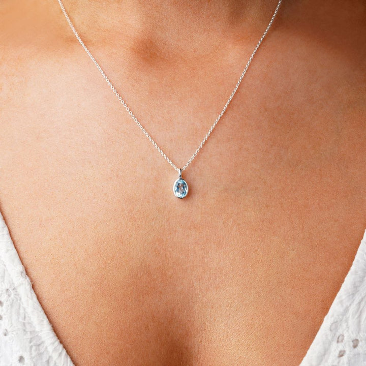 Jewelry with gemstone BlueTopaz, which stands for communication. Blue Topaz is the birthstone for December and is perfect to wear as a necklace.