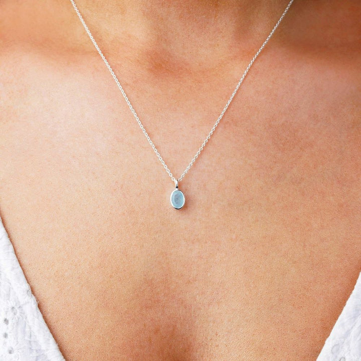  Necklace with Aquamarine in silver which stands for communication. Jewelry with birthstone for March is blue Aquamarine.