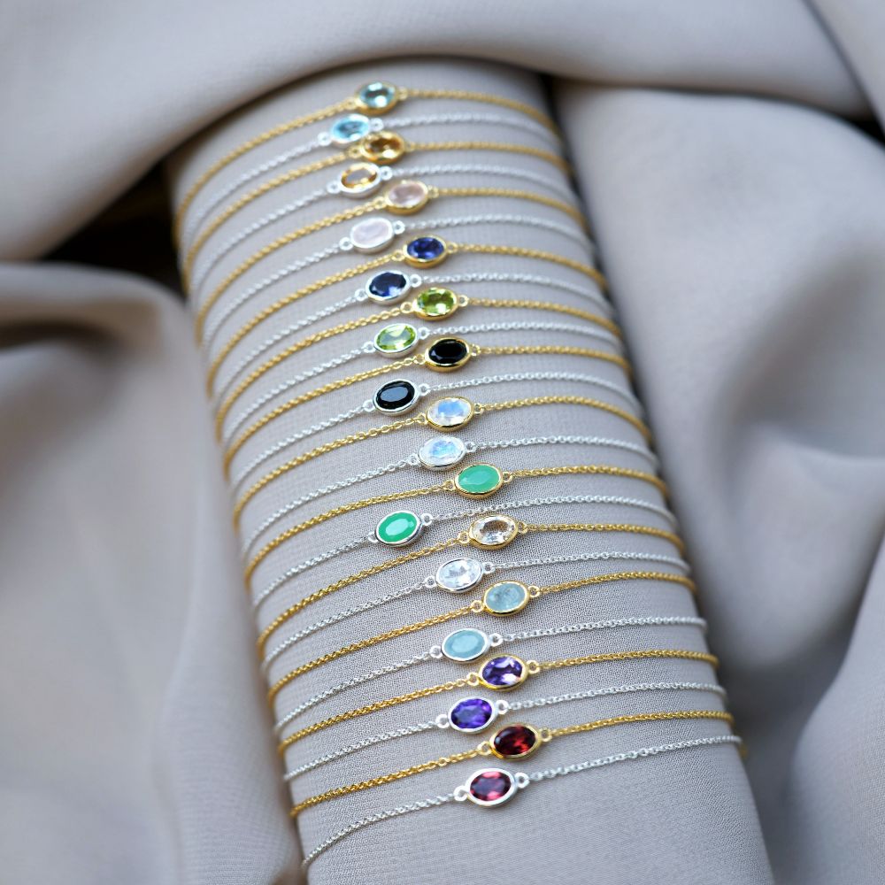 Bracelet with crystals in a modern design and high quality. Gemstone bracelet in silver and gold.