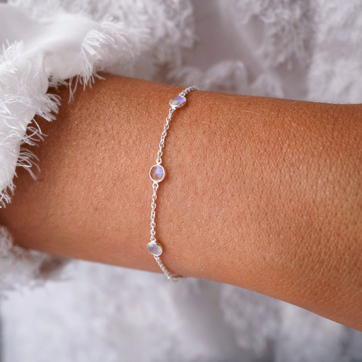 Bracelet with Rainbow Moonstone, which is the birthstone of June. Crystal bracelet with magical crystal moonstone which is June's birthstone.