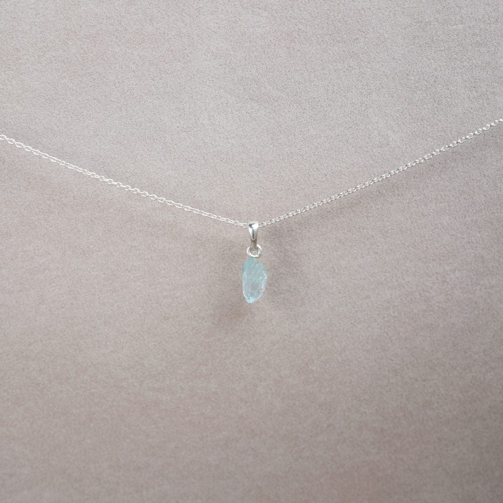  Silver necklace with blue crystal Aquamarine which is the birthstone of March. Aquamarine necklace in silver.