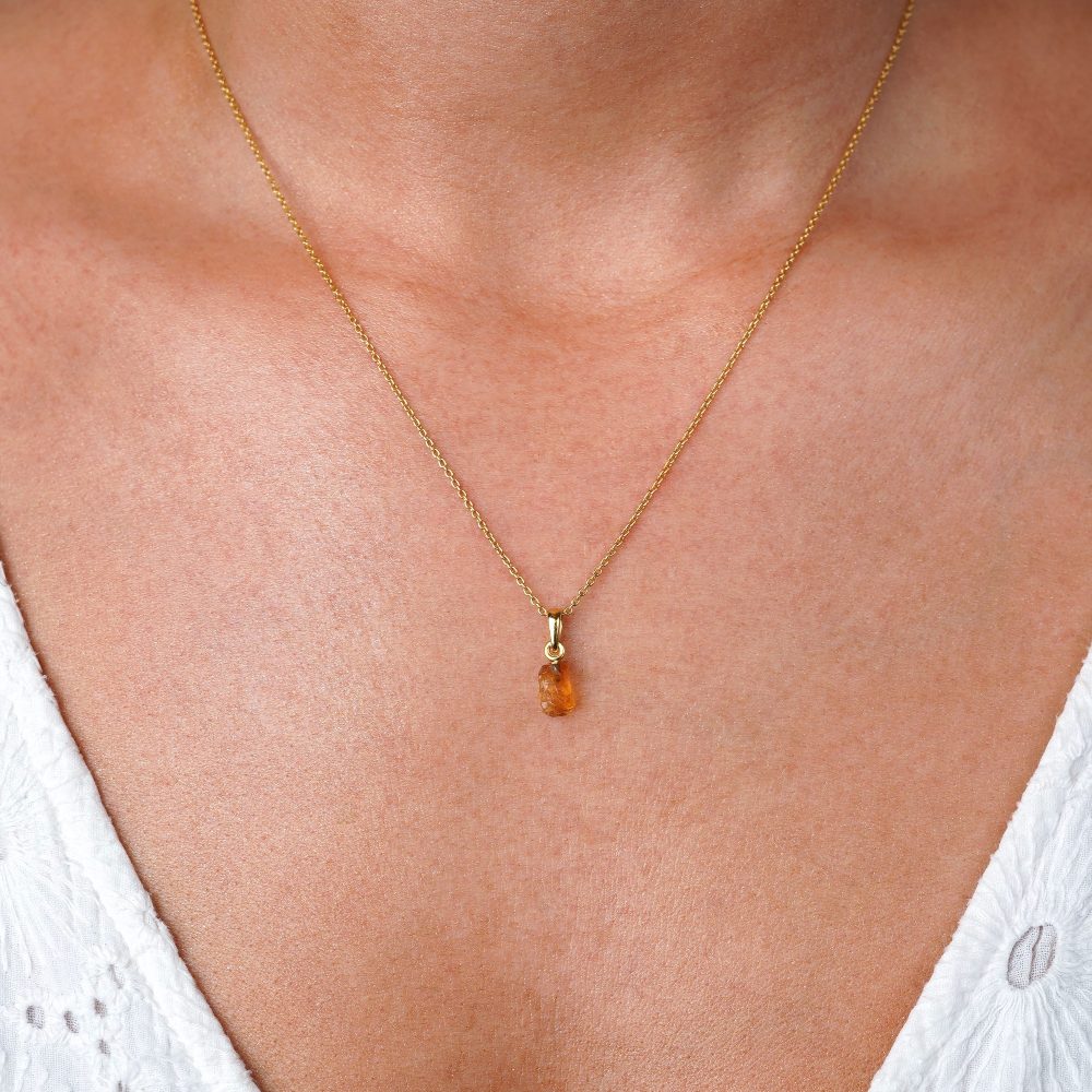 Gold necklace with raw mini Citrine charm. Gemstone necklace with Citrine crystal.