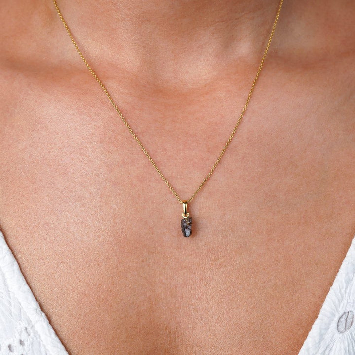 Gemstone jewelry with Smoky Quartz mini crystal. Gold necklace with raw mini Smoky Quartz.