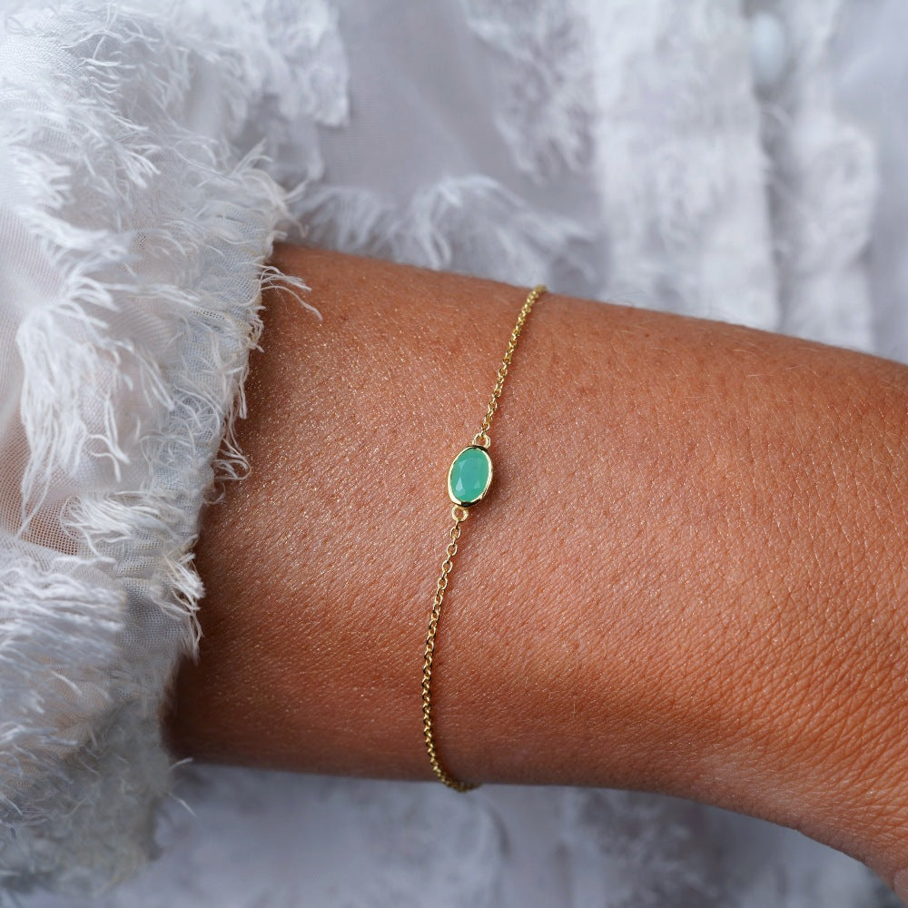 Gold bracelet with May birthstone Chrysoprase. Crystal bracelet with green gemstone Chrysoprase in gold.