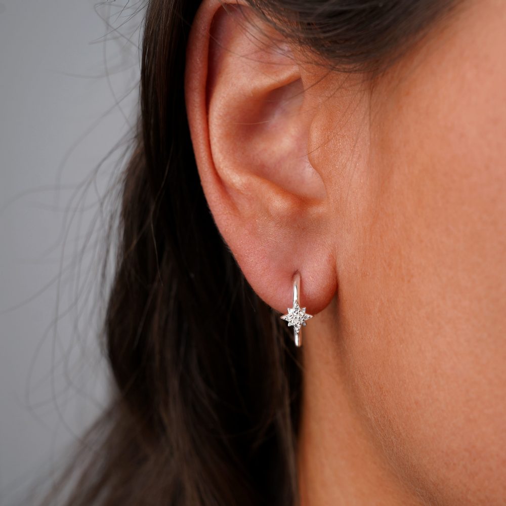 White Topaz earrings with sparkling star in silver. Crystal earrings with star of White topaz gemstones.