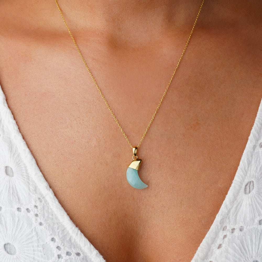  Necklace with turquoise crystal Amazonite shaped like the Moon. Crystal moon as necklace with turquoise stone Amazonite which stands for hope.
