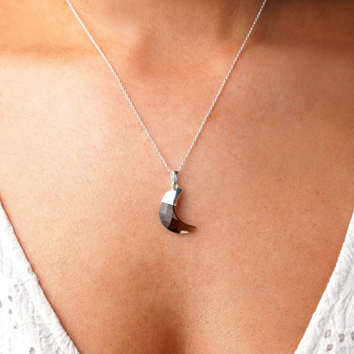 Moon in Smoky Quartz jewelry to wear as a necklace. Moon necklace in crystal Smoky quartz with sterling silver