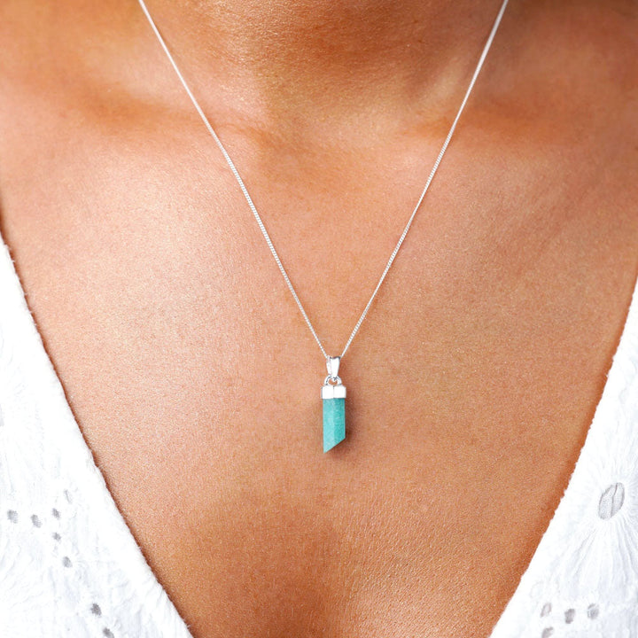 Necklace with turquoise crystal Amazonite. Jewelry with crystal point Amazonite which is a turquoise crystal that gives courage.