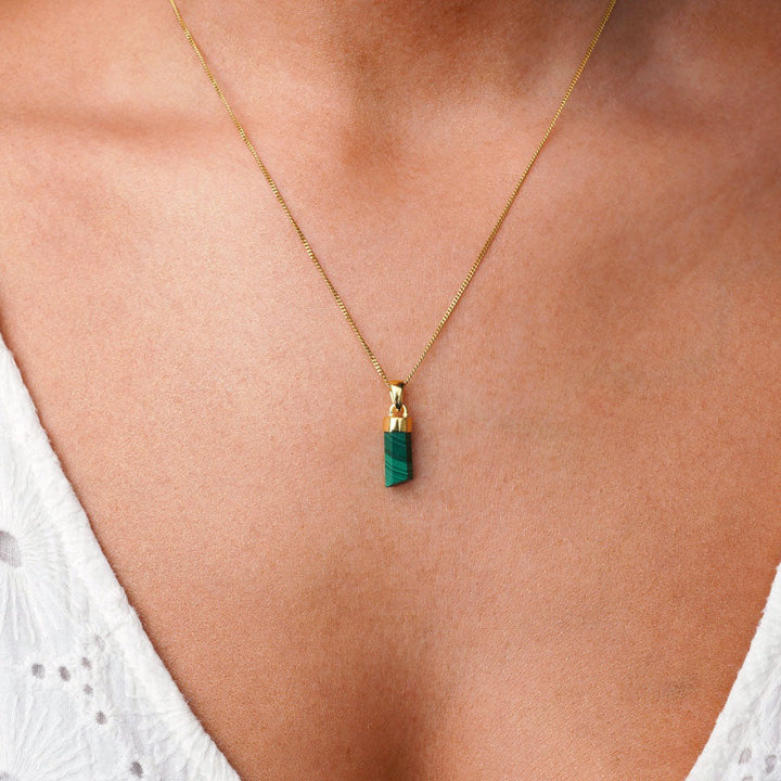 Necklace with Malachite crystal in gold. Jewelry with green gemstone Malachite in gold.