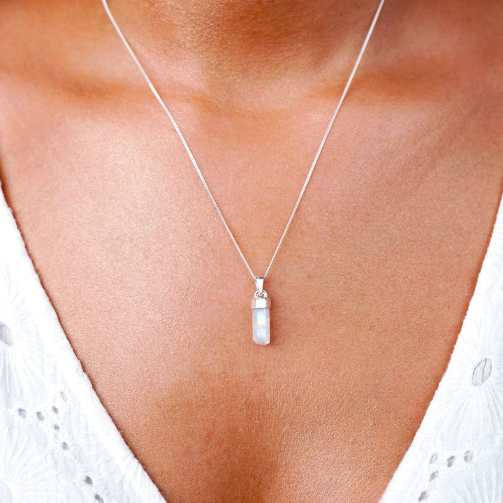 Necklace with Moonstone in the tip, which is the birthstone of June. Crystal tip with Rainbow Moonstone that gives female energy and power.