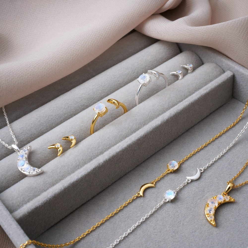 Luna Collection in silver and gold. Gemstone jewelry with magical crystals and moons.
